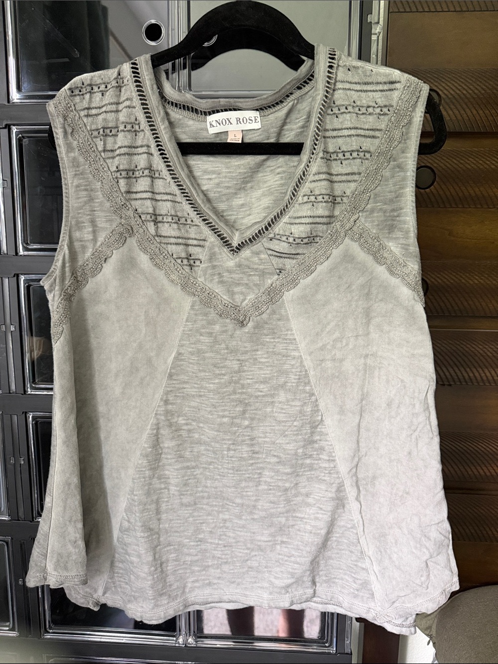 Knox Rose Light Gray Lace-Trim V-Neck Tank Top
